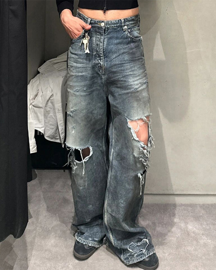 Grunge Distressed Raw Hem Wide Denim Pants New