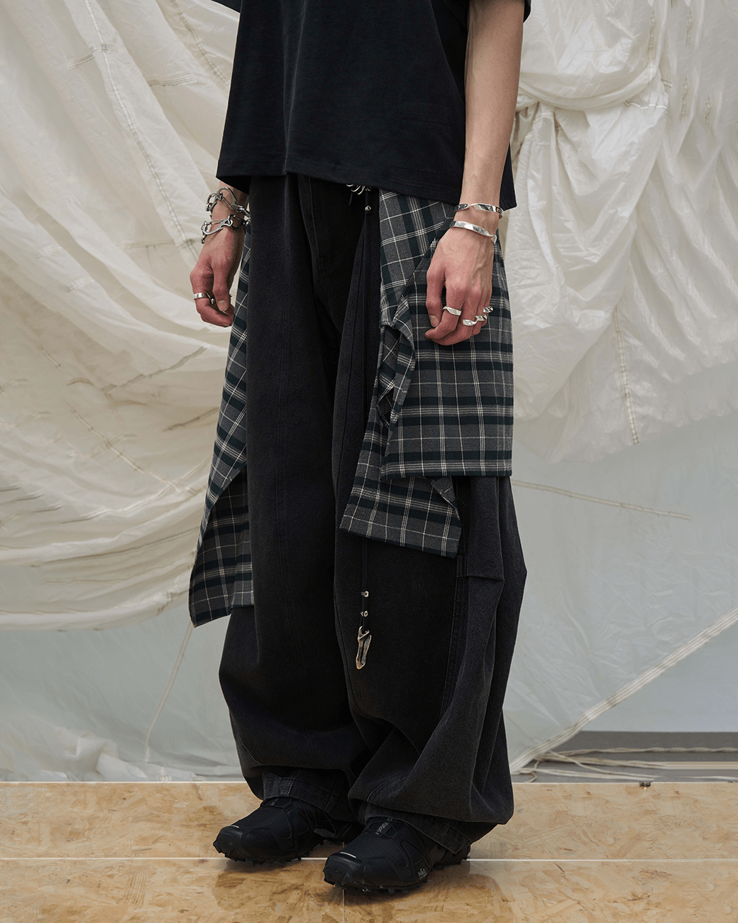 Detachable Plaid Layer Wide-Leg Pants