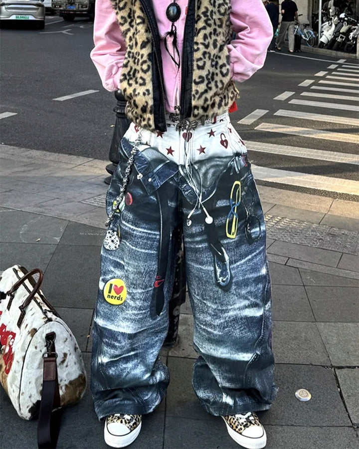 Print Denim Illusion Wide-Leg Pants