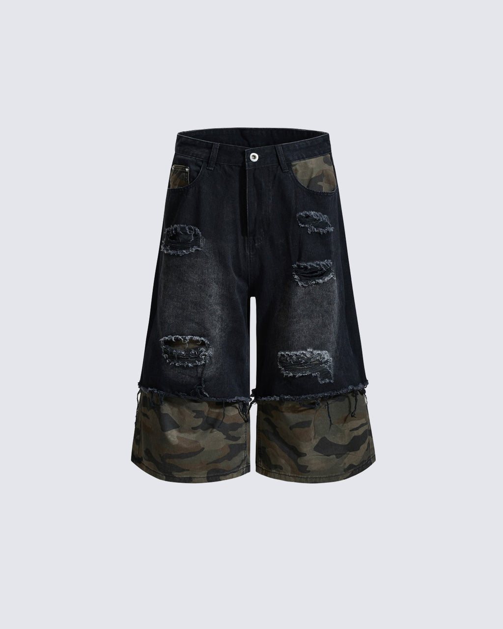 American-Style Ripped Camouflage Faux Two-Piece Denim Capri Pants