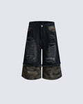 American-Style Ripped Camouflage Faux Two-Piece Denim Capri Pants