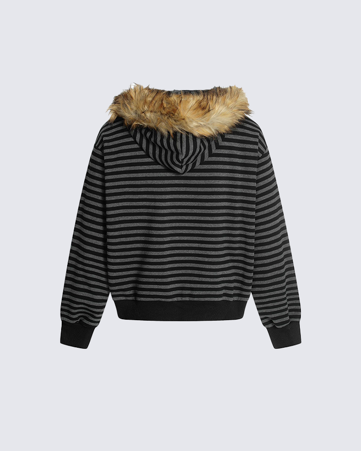 Striped Faux Fur Hooded Jacket