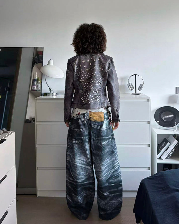 Print Denim Illusion Wide-Leg Pants