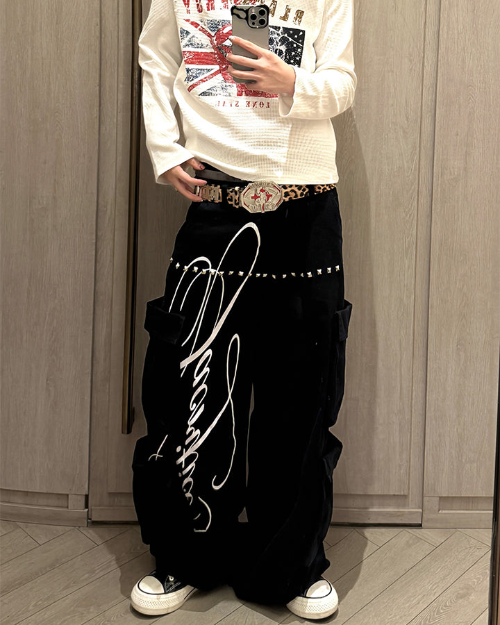 GRYFT Street Studded Graphic Multi-Pocket Wide-Leg Pants