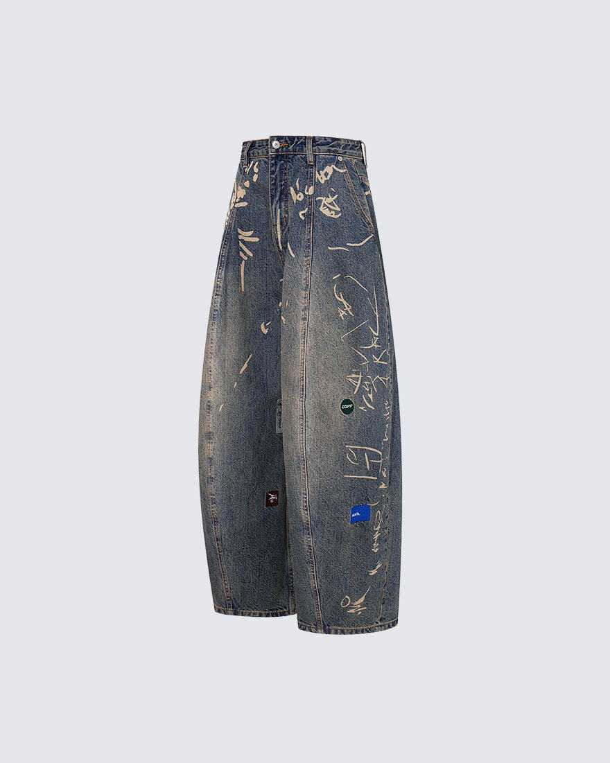 Vintage Graffiti Print Wide Leg Denim Pants New