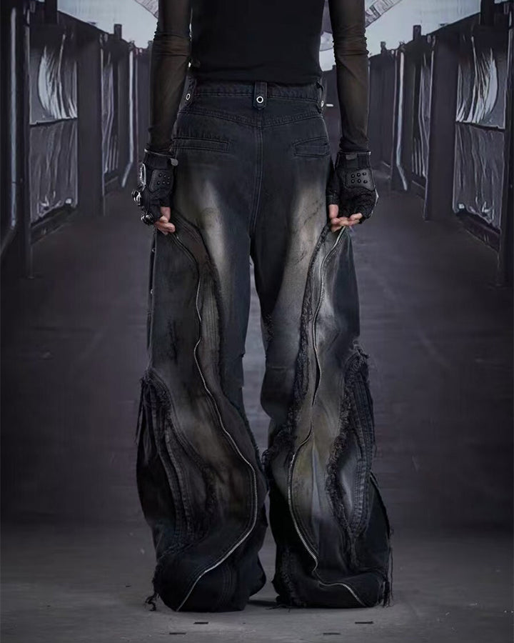 Dark Wavy Zipper Deconstructed Wide Denim Pants New