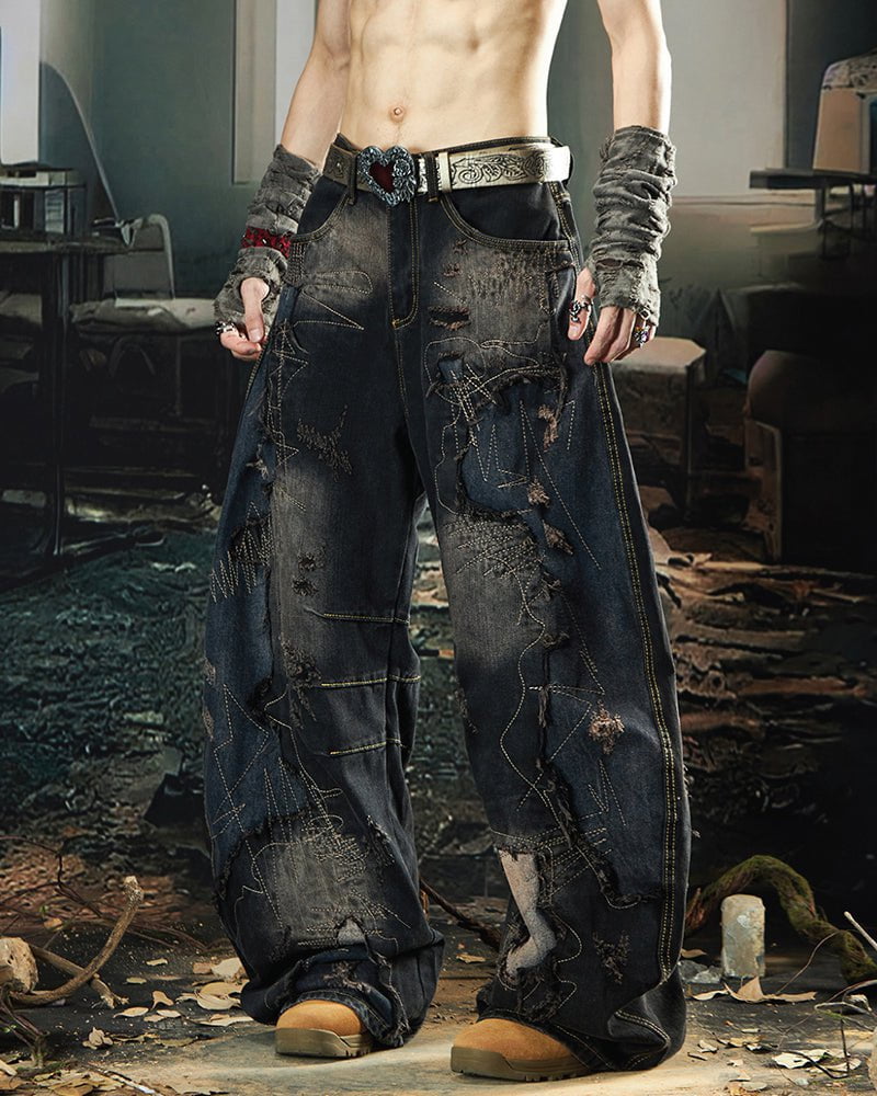 Deconstructed Washed Patchwork Blade-Cut Jeans
