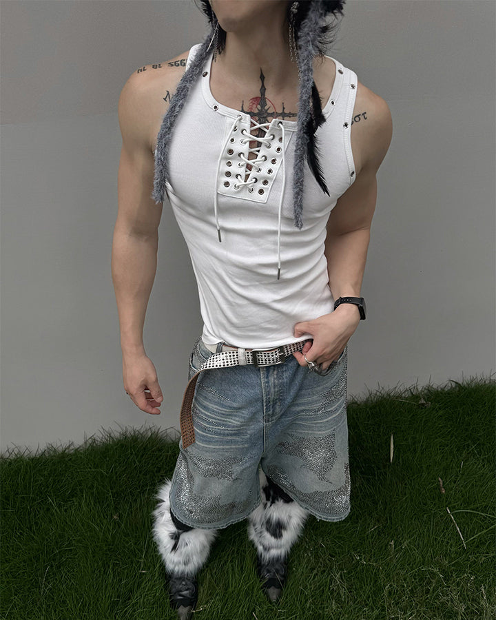 American Punk Lace-Up Rivet Tank Top New