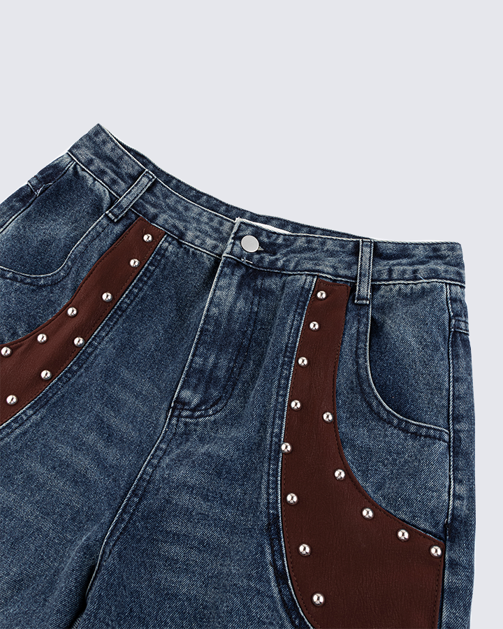 Leather Patch Pocket with Studded Detail Denim Pants