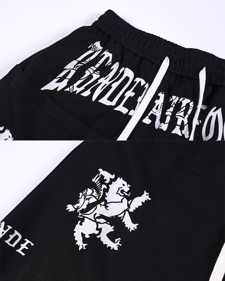 Black Gothic Letter Print Wide-Leg Sweatpants