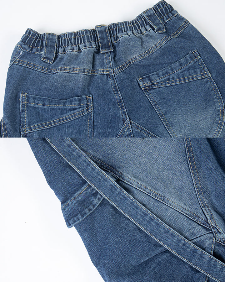 New Dark Washed Utility Strap Wide Leg Jeans
