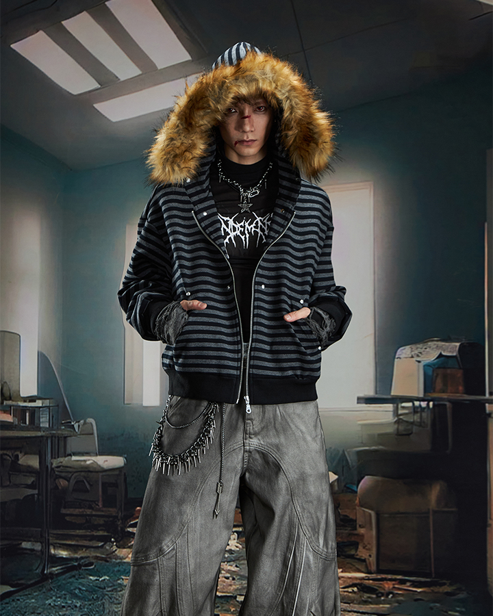Striped Faux Fur Hooded Jacket