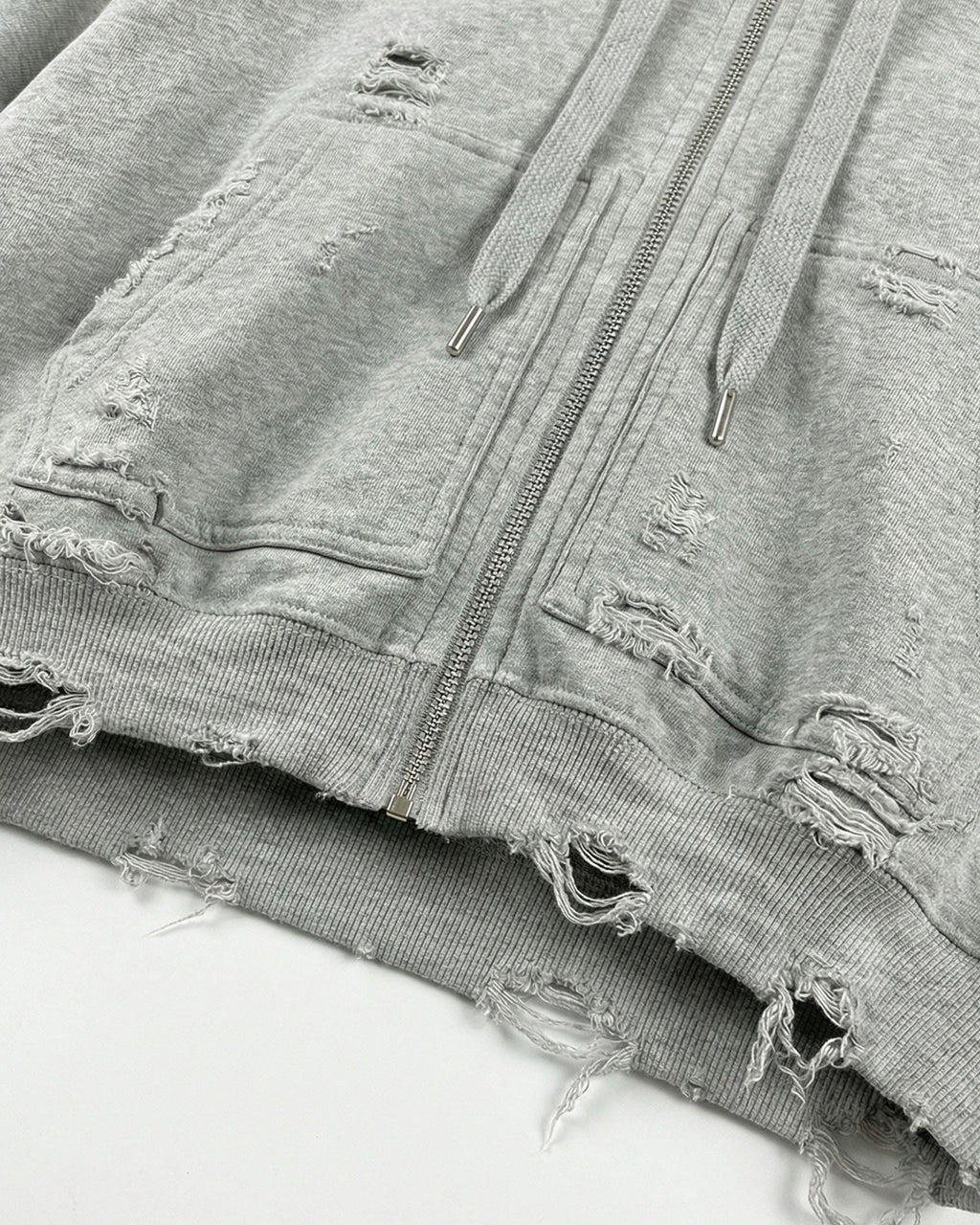 LOW SATURATION-Distressed Cropped Zip-Up Hoodie
