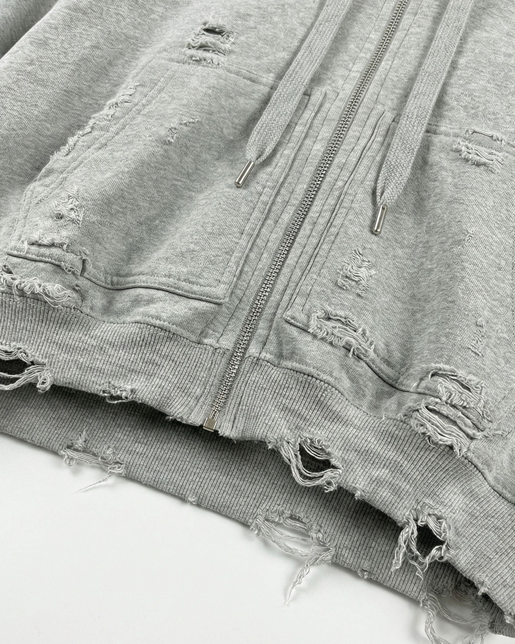 LOW SATURATION-Distressed Cropped Zip-Up Hoodie