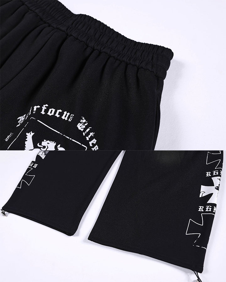 Black Gothic Letter Print Wide-Leg Sweatpants