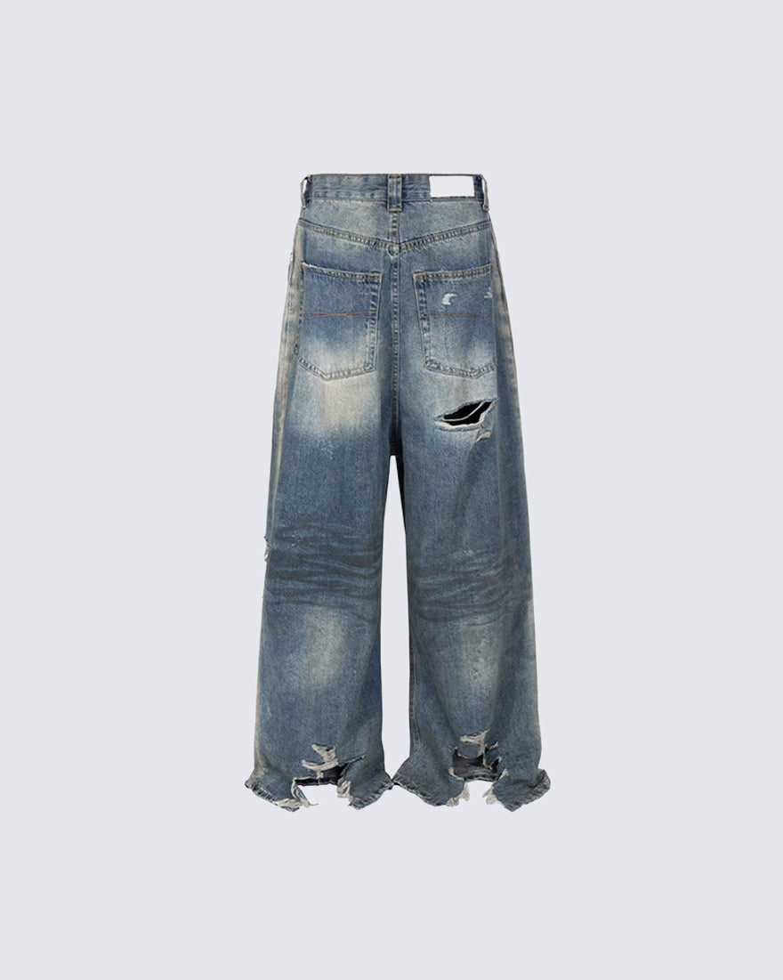 Grunge Distressed Raw Hem Wide Denim Pants New