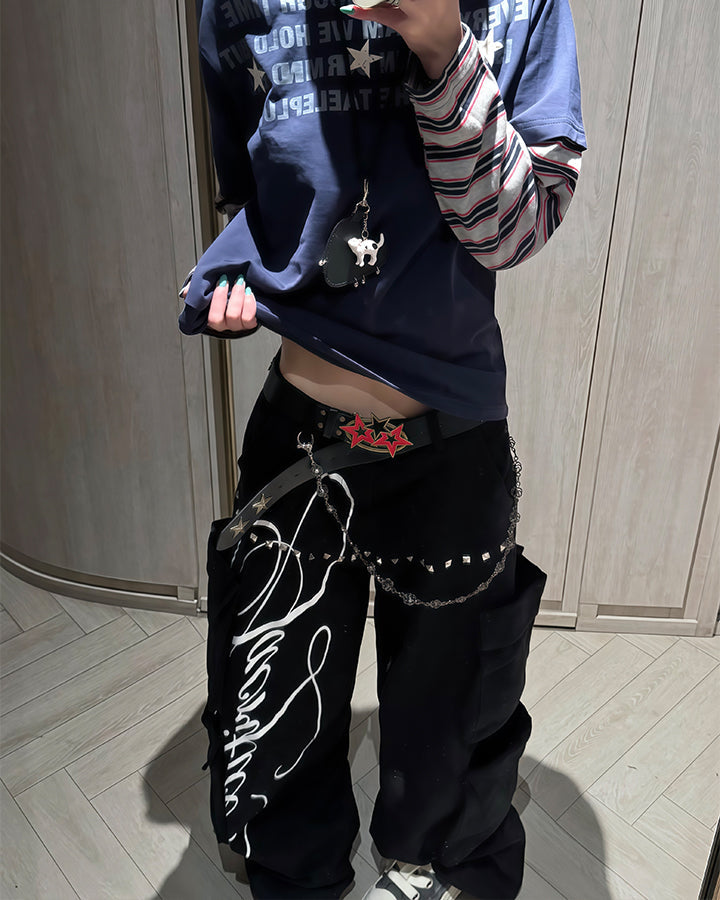 GRYFT Street Studded Graphic Multi-Pocket Wide-Leg Pants