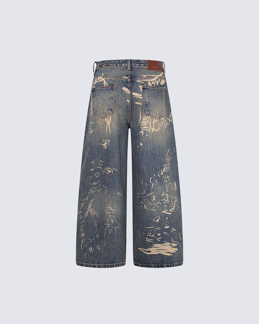 Vintage Graffiti Print Wide Leg Denim Pants New