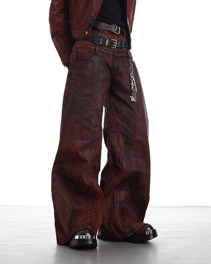 New Red Acid Wash Gothic Wide Leg Jeans