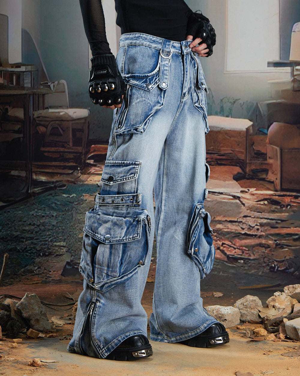 Vintage Streetwear Cargo Flared Jeans