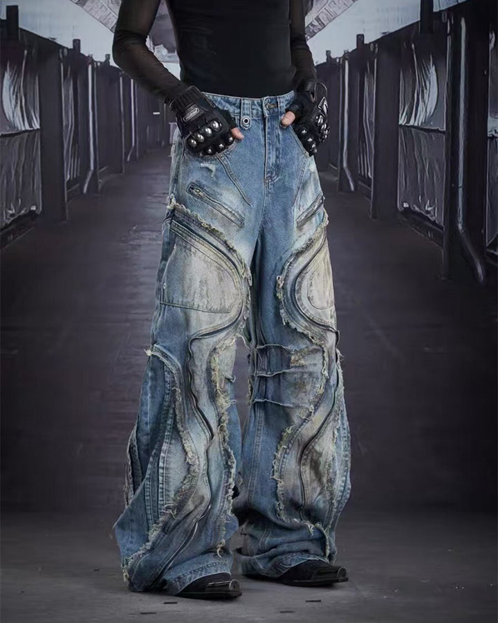 Dark Wavy Zipper Deconstructed Wide Denim Pants New