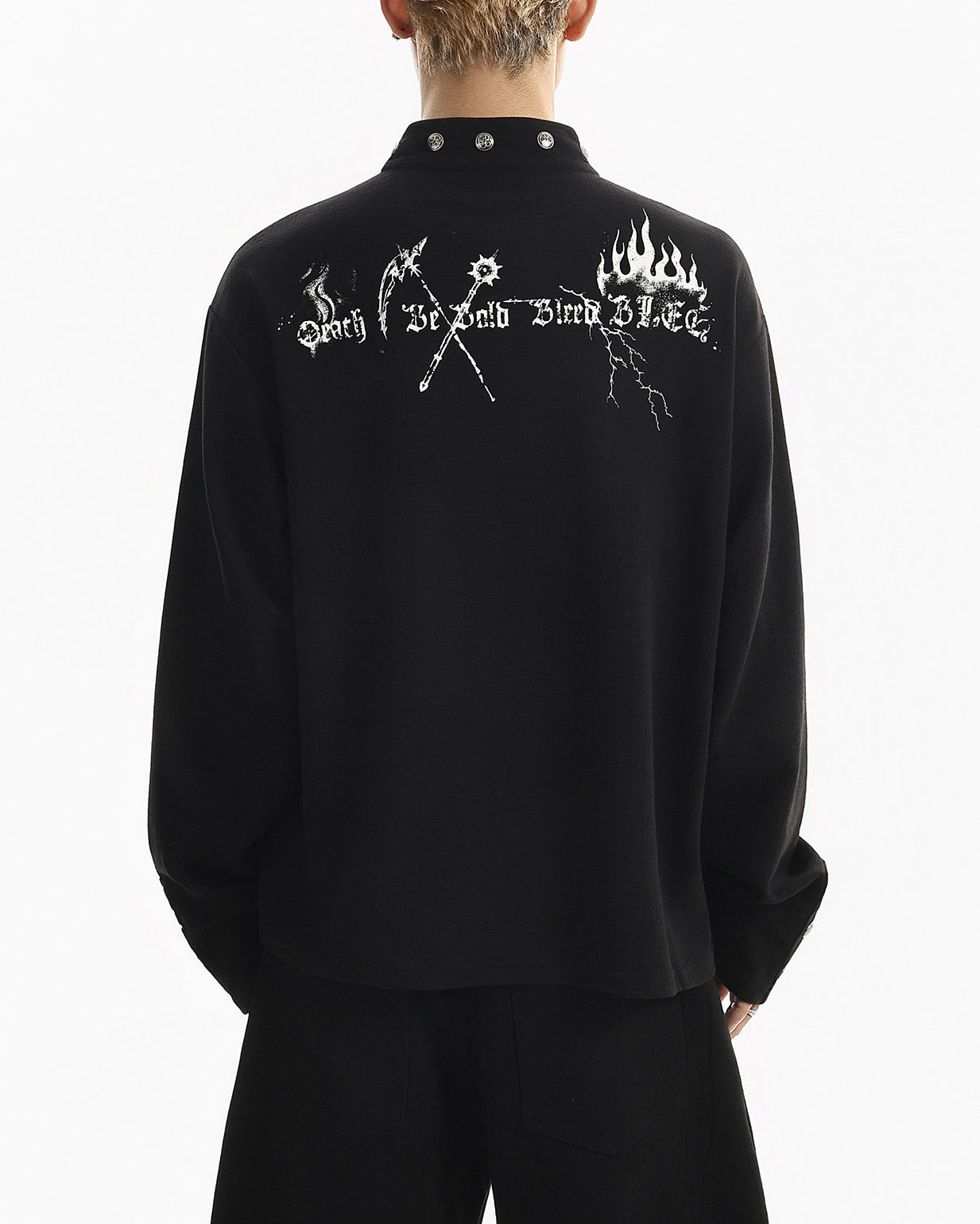Street Printed Stand Collar Long Sleeve Polo Shirt