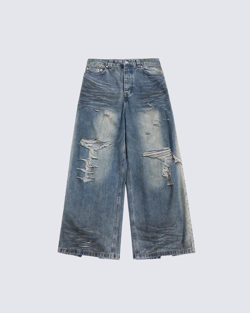 Grunge Distressed Raw Hem Wide Denim Pants New