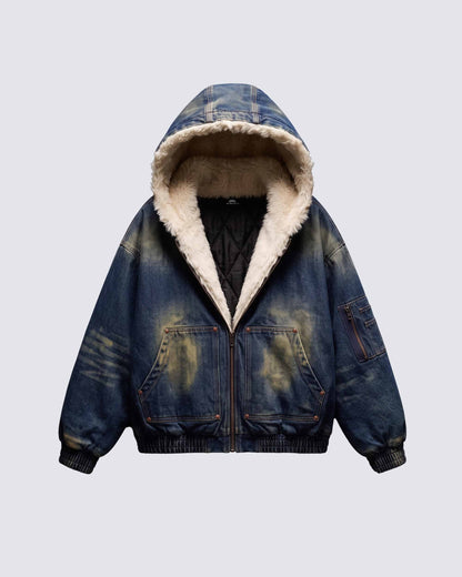 GRYFT SYMBIOTE Washed Fur-Lined Denim Hooded Jacket