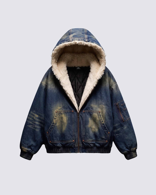 GRYFT SYMBIOTE Washed Fur-Lined Denim Hooded Jacket