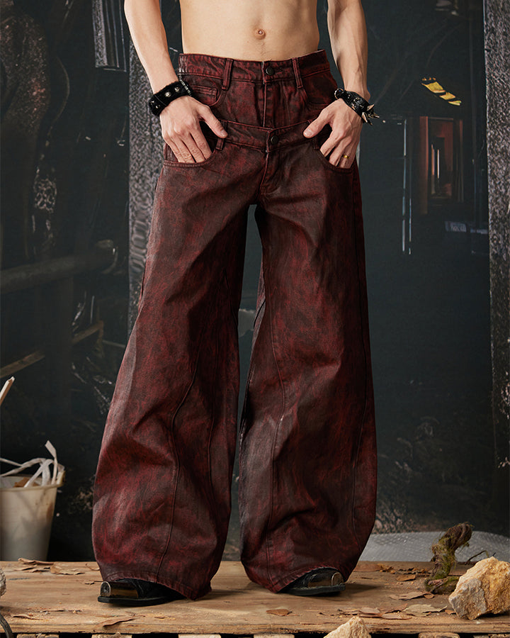 New Red Acid Wash Gothic Wide Leg Jeans