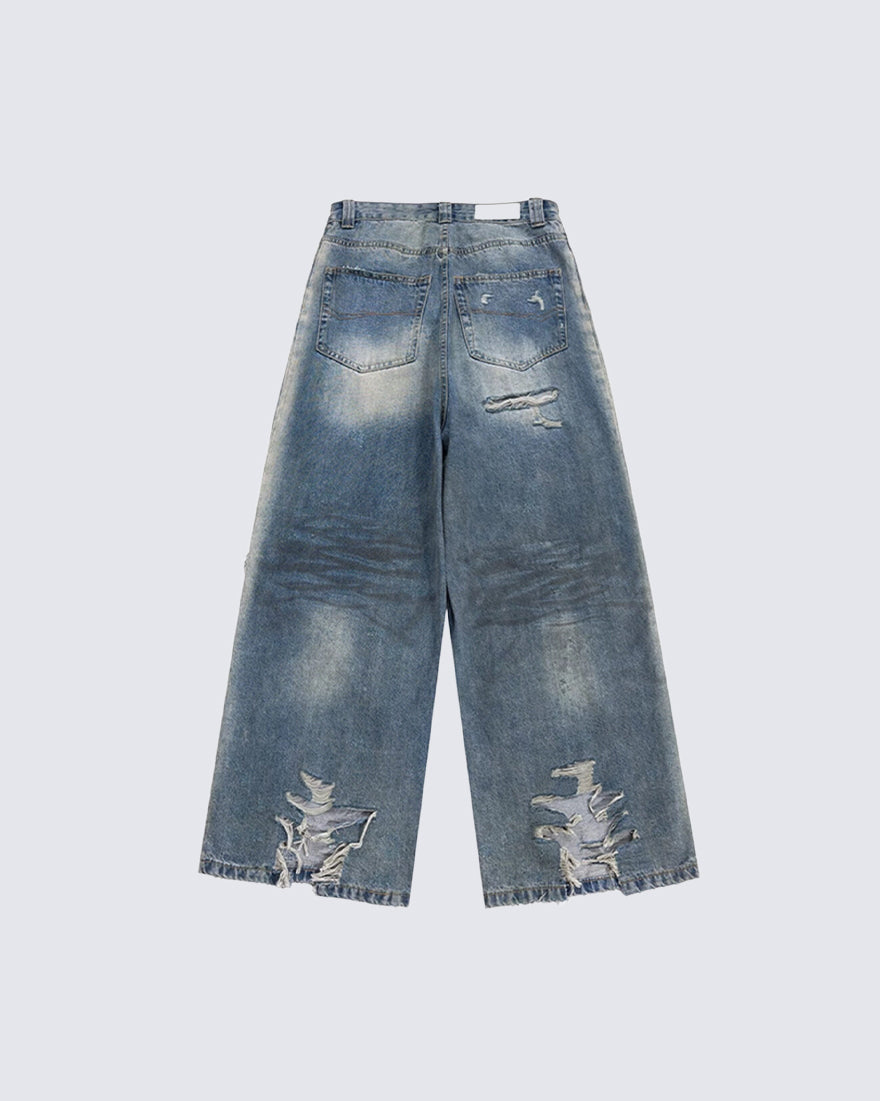 Grunge Distressed Raw Hem Wide Denim Pants New