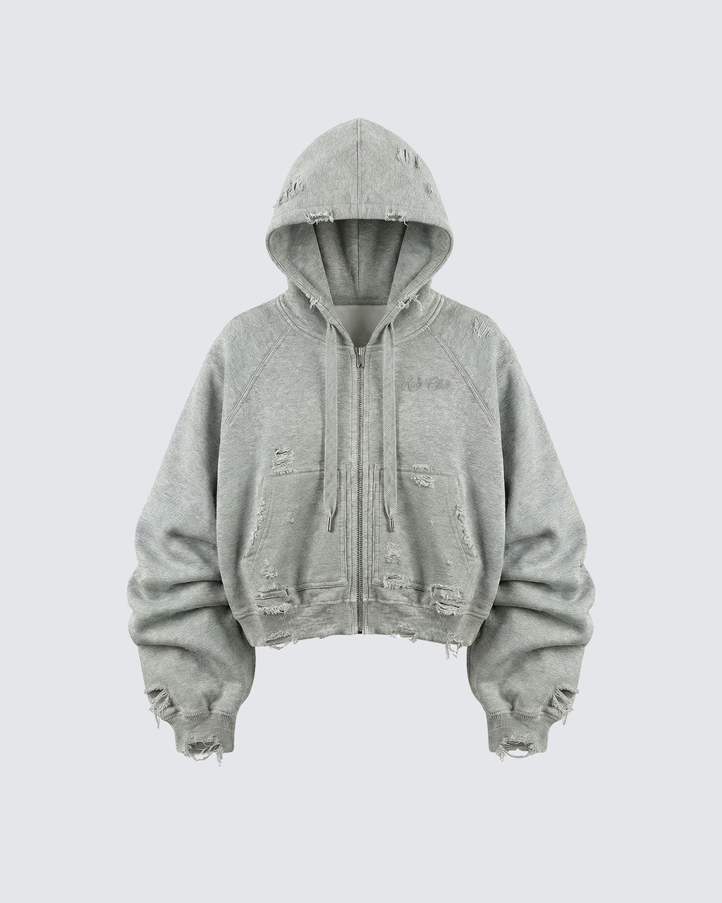 LOW SATURATION-Distressed Cropped Zip-Up Hoodie