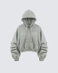 LOW SATURATION-Distressed Cropped Zip-Up Hoodie