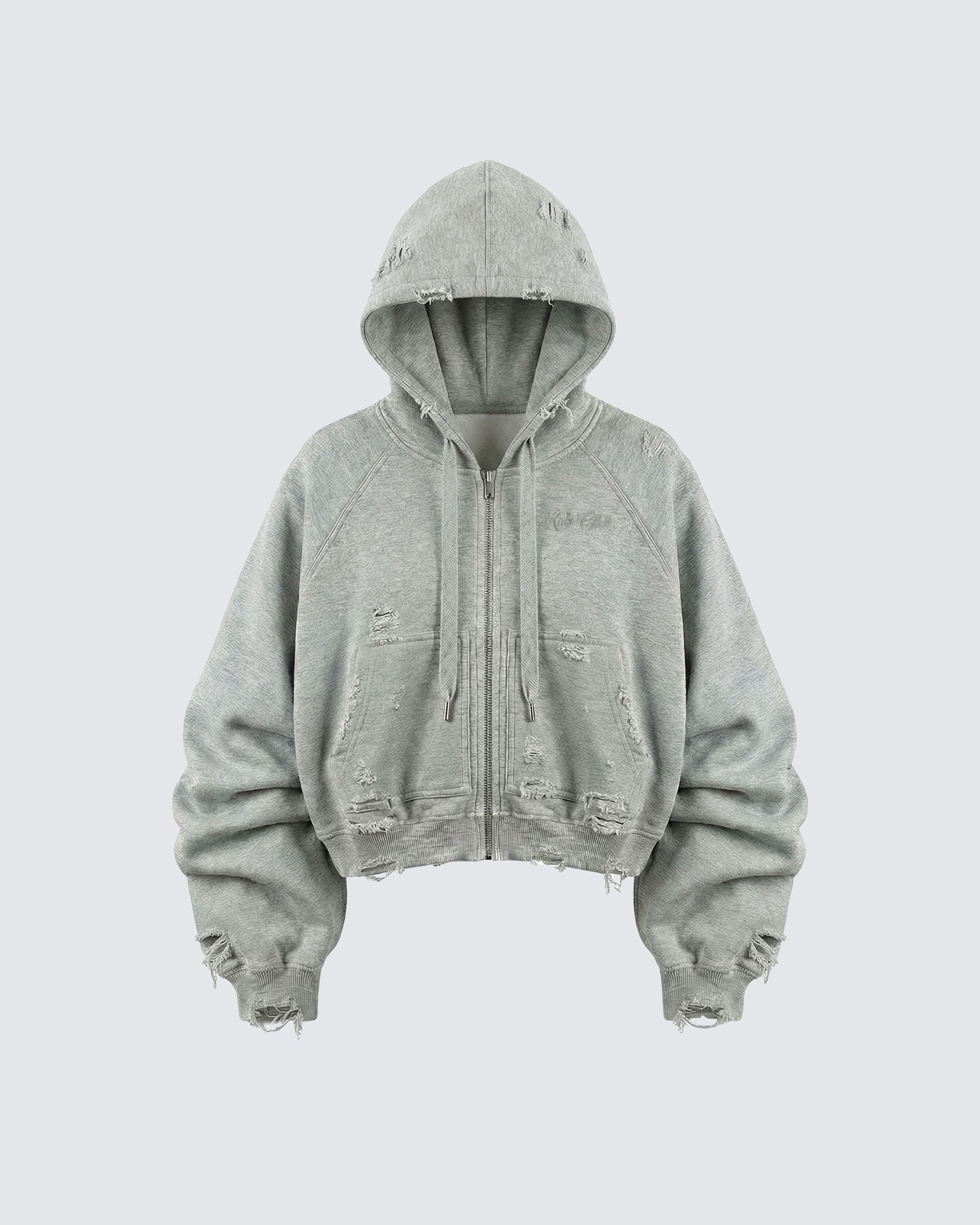 LOW SATURATION-Distressed Cropped Zip-Up Hoodie