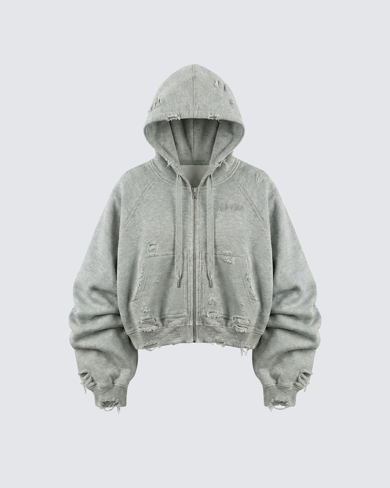 LOW SATURATION-Distressed Cropped Zip-Up Hoodie