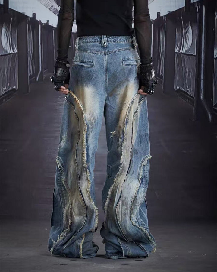 Dark Wavy Zipper Deconstructed Wide Denim Pants New