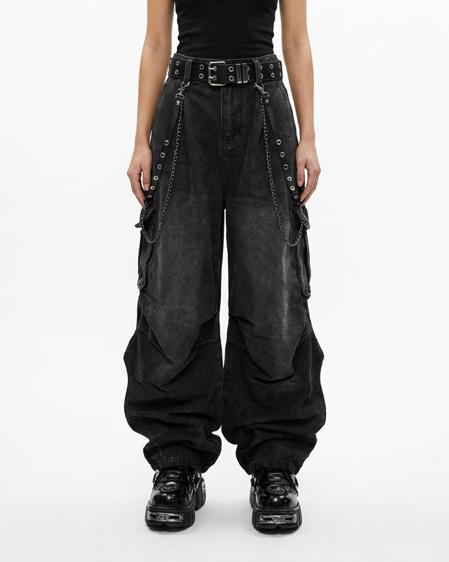 Washed Pocket Cargo Pants（Free Belt and Chain Included）