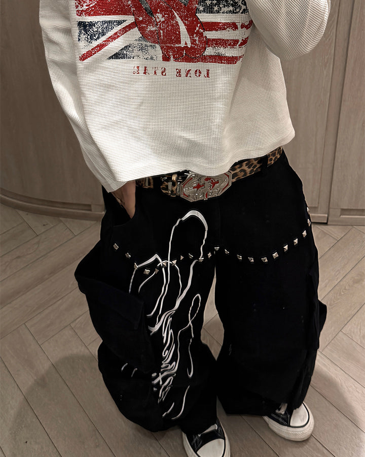 GRYFT Street Studded Graphic Multi-Pocket Wide-Leg Pants