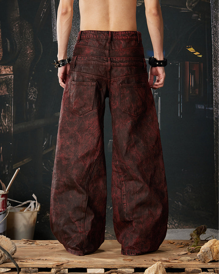 New Red Acid Wash Gothic Wide Leg Jeans