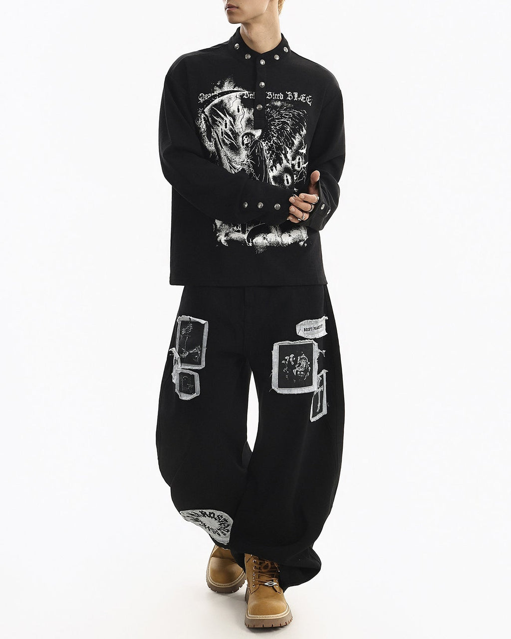 Street Printed Stand Collar Long Sleeve Polo Shirt