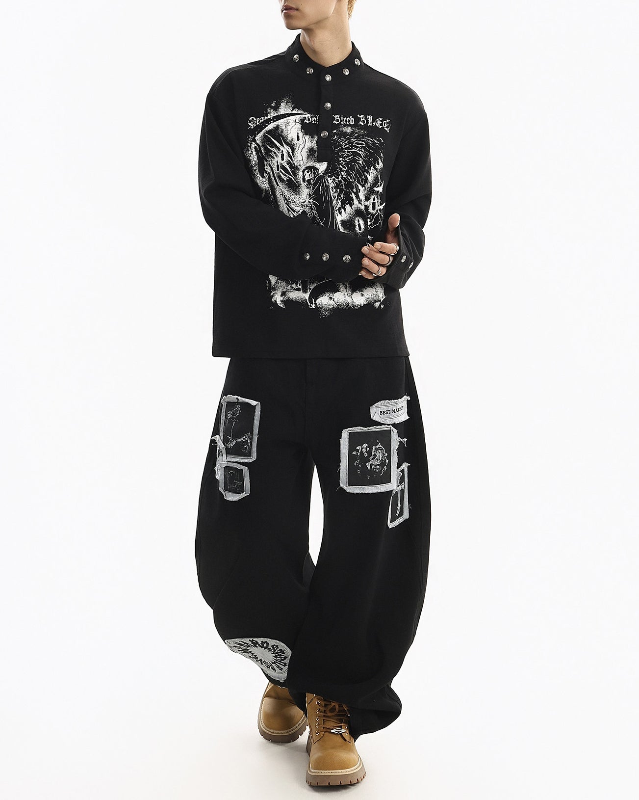 Street Printed Stand Collar Long Sleeve Polo Shirt