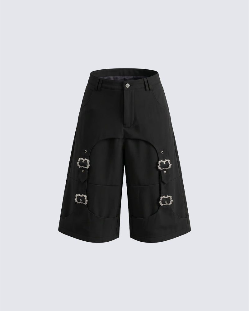 Dark Avant Garde Deconstructed Metal Buckle Suit Shorts