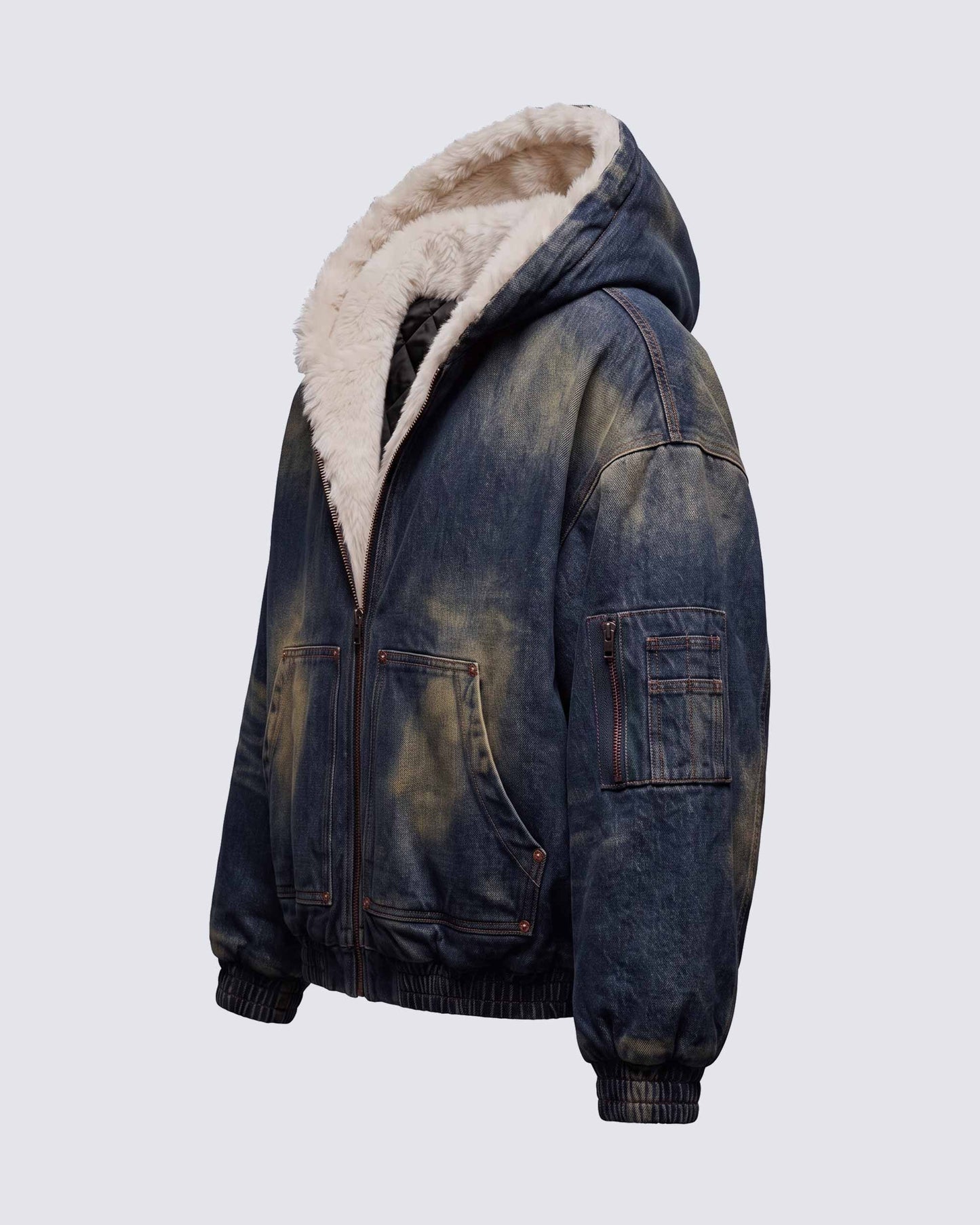 GRYFT SYMBIOTE Washed Fur-Lined Denim Hooded Jacket