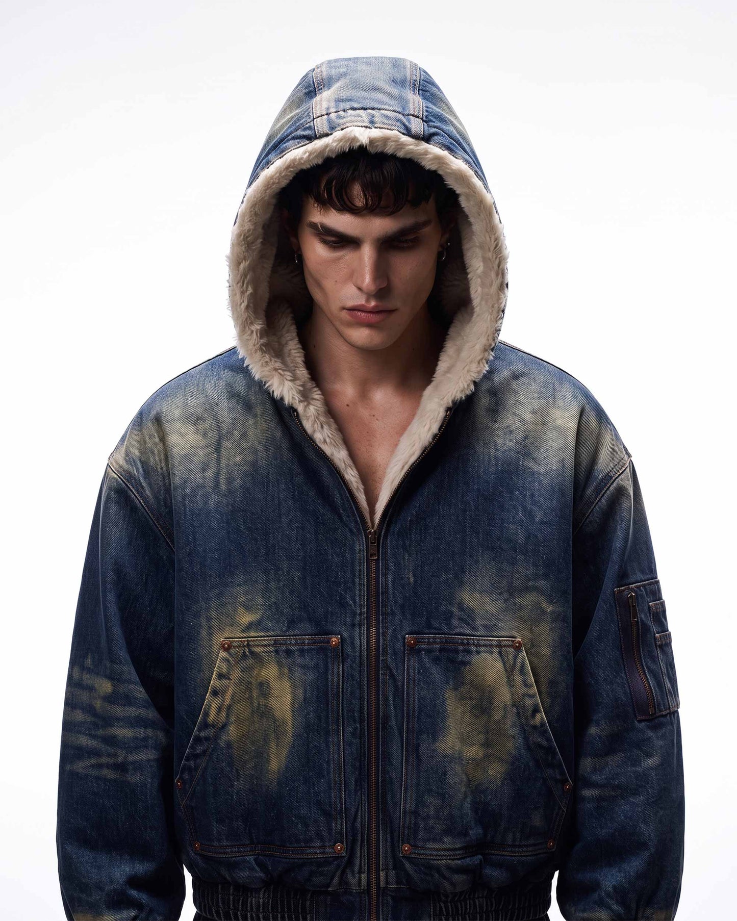 GRYFT SYMBIOTE Washed Fur-Lined Denim Hooded Jacket