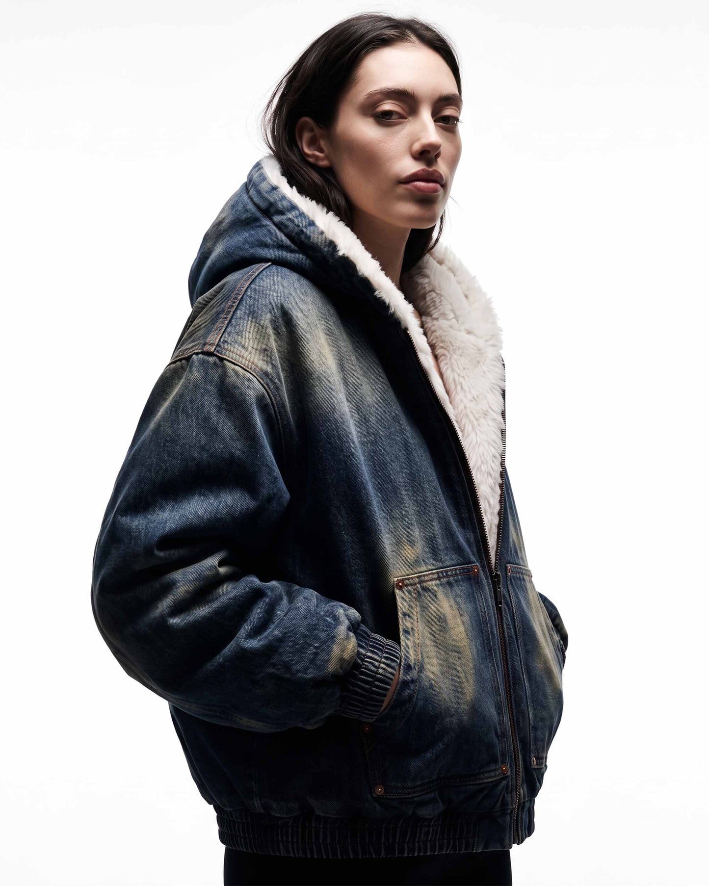 GRYFT SYMBIOTE Washed Fur-Lined Denim Hooded Jacket