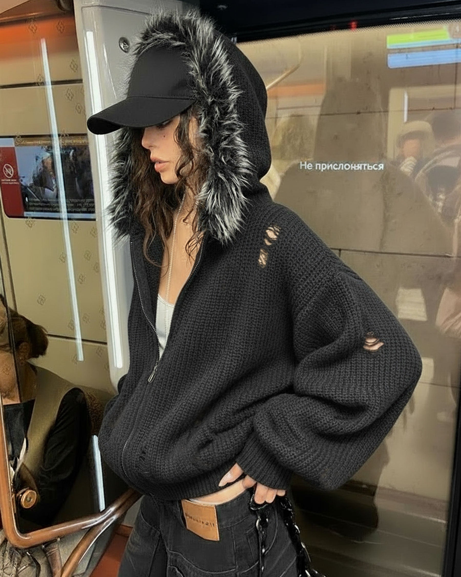 GRYFT Destroyed Knitted Sweater Plush Coat