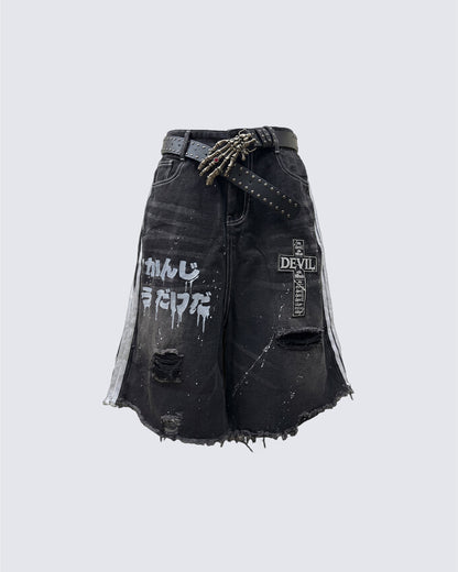 New Dark Gothic Distressed Denim Shorts