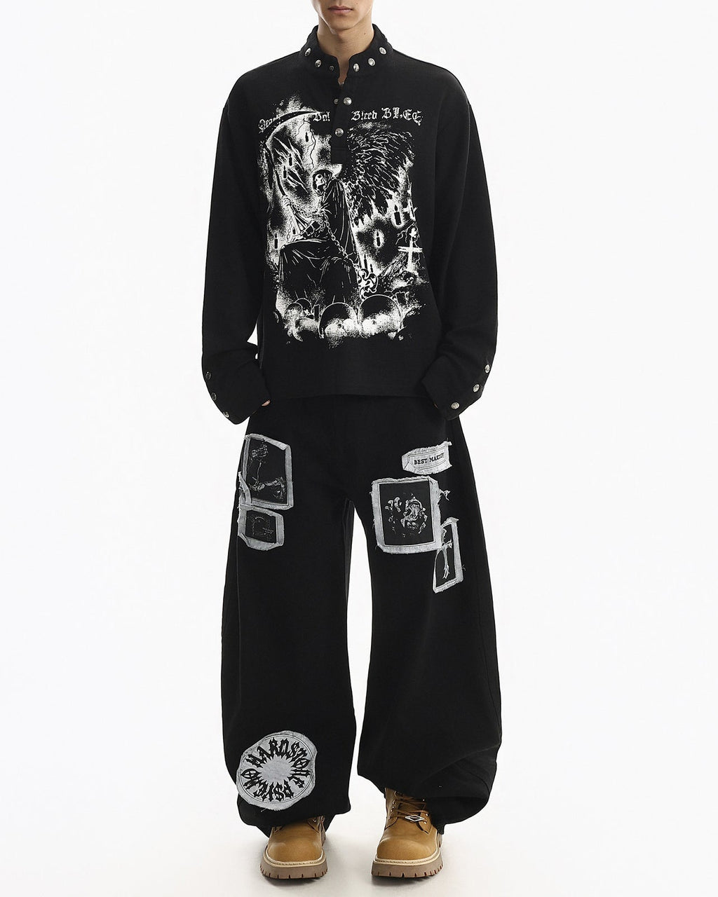 Street Printed Stand Collar Long Sleeve Polo Shirt