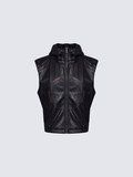 Hooded Faux Leather Sleeveless Vest with Tech Circle Detail