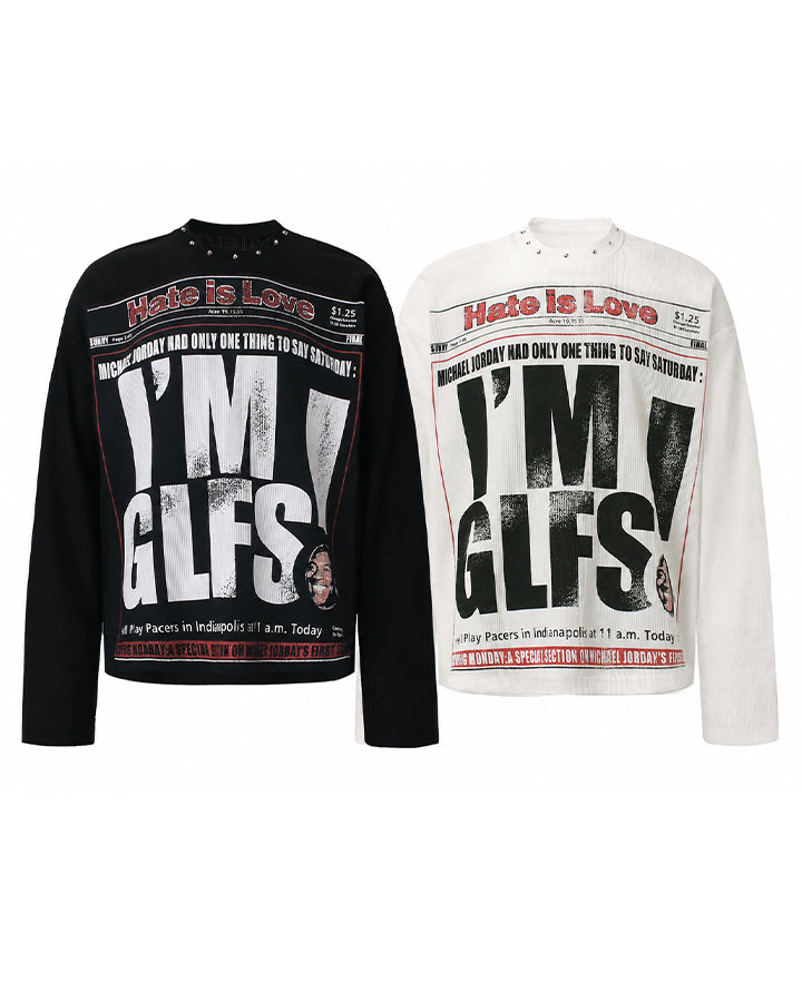 GRYFT Street Newspaper Graphic Studded Long-Sleeve T-Shirt